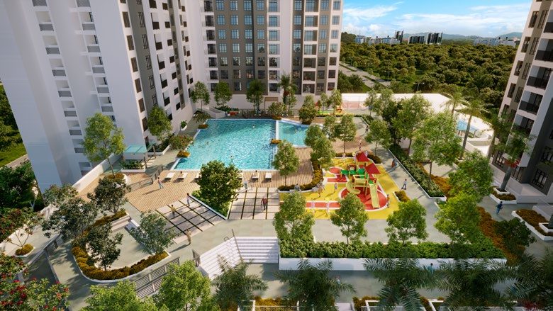 Aerial view of the Bodaiju Residences pool deck and play areas