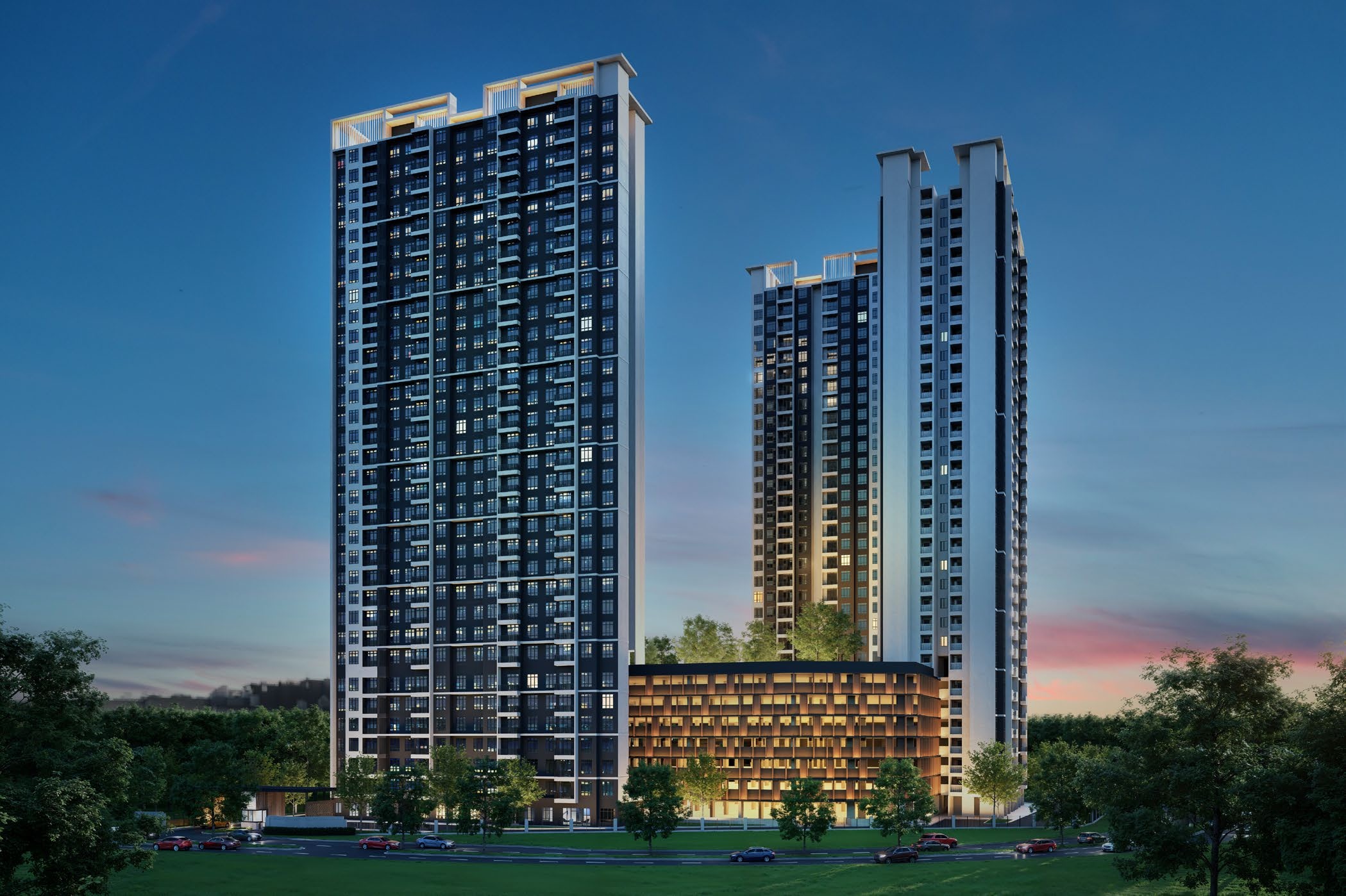 Bodaiju Residences twin towers at dusk, Medini Iskandar Puteri