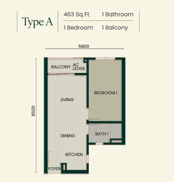 Bodaiju Residences Type A floor plan, 1 bedroom