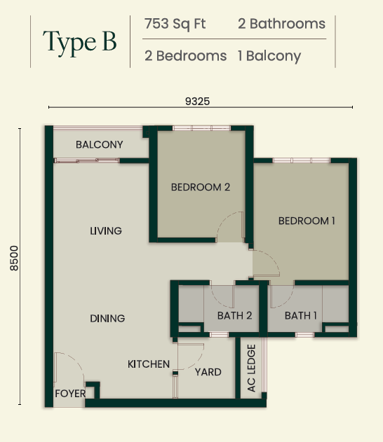 Bodaiju Residences Type B floor plan, 2 bedrooms