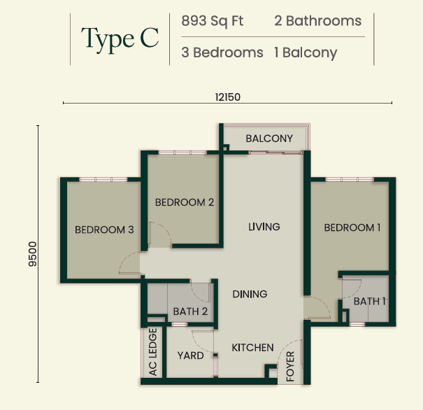 Bodaiju Residences Type C floor plan, 3 bedrooms