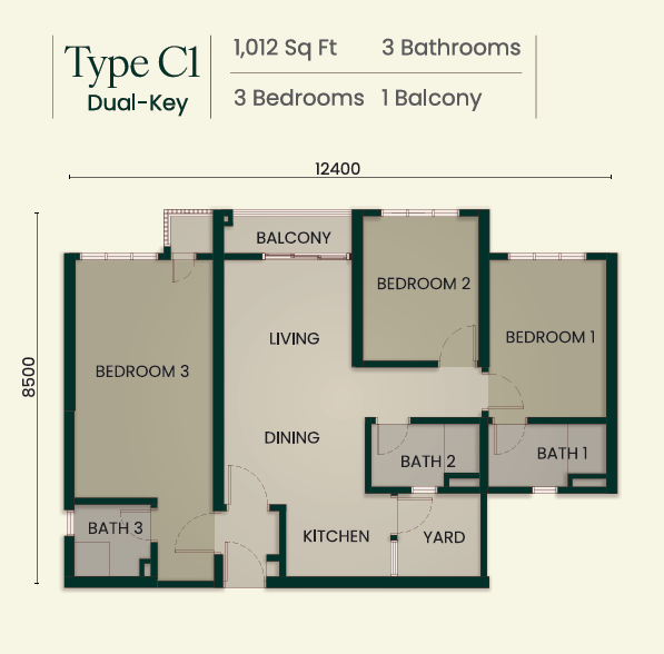 Bodaiju Residences Type C1 dual-key floor plan, 3 bedrooms
