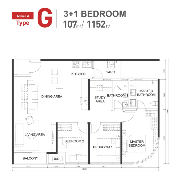 Type G — 3+1 Bedroom floor plan