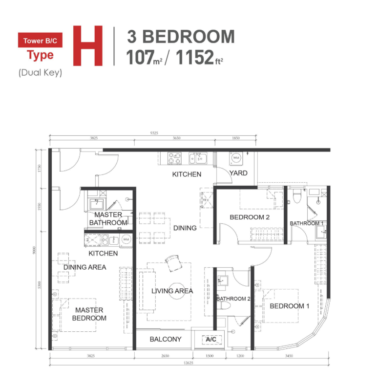Type H — 3 Bedroom (Dual Key) floor plan