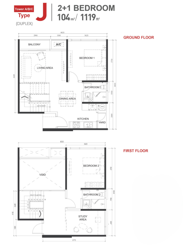 Type J — 2+1 Bedroom Duplex floor plan
